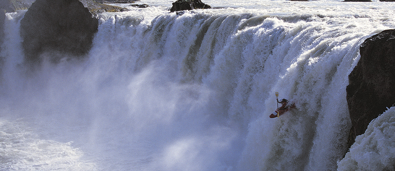 Shaun Baker dropping the Goðafoss waterfall, Iceland