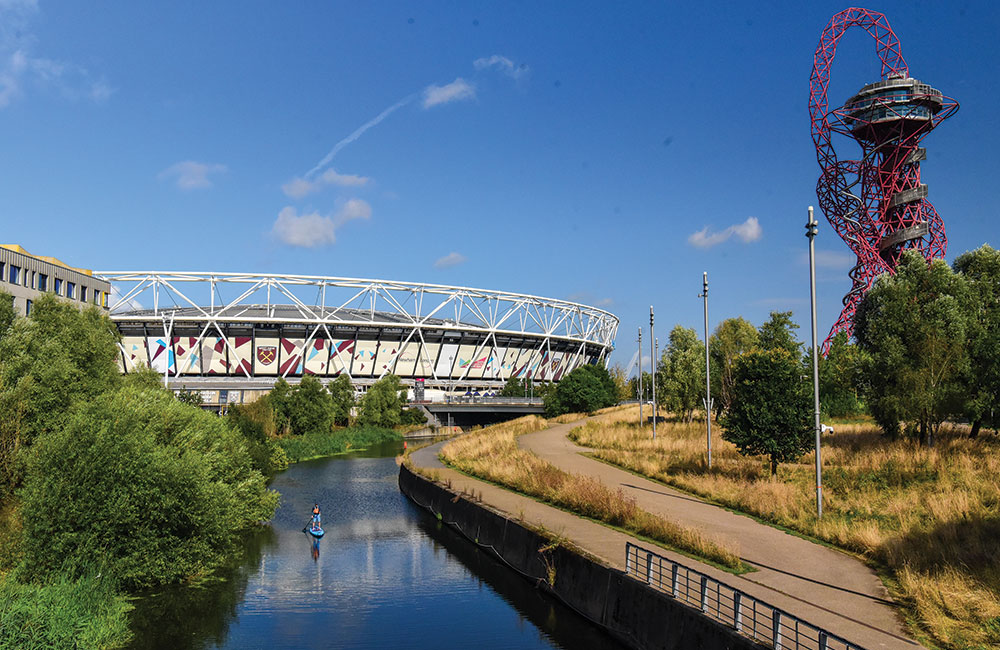 London, Limehouse Cut and Olympic Stadium